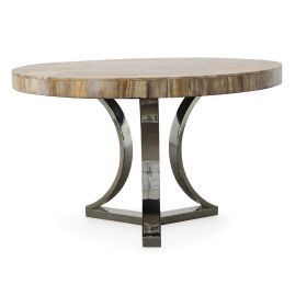 48 Inch Round Petrified Light Wood Table With Stainless Base