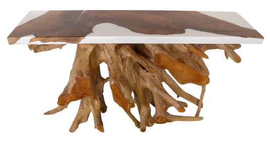 60 Inch Teak Root Console Table White Resin