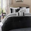 King Size 7 Piece Bed In A Bag Comforter Set Faux Silk Black Gray Stripes