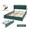 Queen Size Green/Gold Linen Headboard 4 Drawer Storage Platform Bed