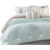 King Size 7 Piece Bed In A Bag Comforter Set Faux Silk Blue Stripes