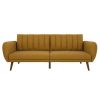 Mustard Linen Upholstered Futon Sofa Bed with Mid-Century Style Wooden Legs