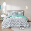 Full/Queen Reversible Comforter Set with Grey White Aqua Teal Chevron Pattern