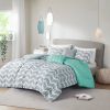 King size Reversible Comforter Set in Grey White Aqua Teal Chevron Stripe