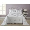 Queen size Cotton Bedspread with Scalloped Edges and Floral Print Embroidery in White