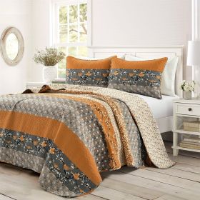 Full/Queen Size Orange Grey Floral Birds Reversible 3 Piece Quilt Set