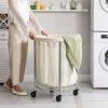 Round 45-Gallon Laundry Basket Hamper w/ Cream Fabric Bag Steel Frame on Wheels