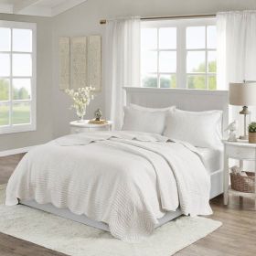 King Size 3 Piece Reversible Scalloped Edges Microfiber Quilt Set in White