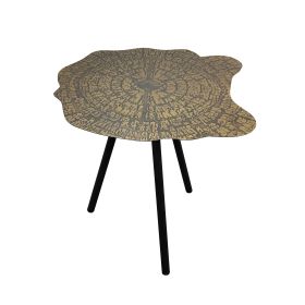 16 Inch Iron Accent End Table, Abstract Tabletop, Artisanal Engravings, Antique Brass, Black