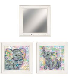 "Elephant I & II" 3-Piece Vignette By Lisa Morales, Ready to Hang Framed Print, White Frame