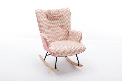 35.5 inch Rocking Chair, Soft Houndstooth Fabric Leather Fabric Rocking Chair for Nursery, Comfy Wingback Glider Rocker with Safe Solid Wood Base for (Color: Pink, Material: Cotton Linen)